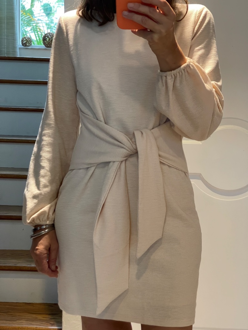 Fashion waffle long sleeve cream mini dress women S NWT